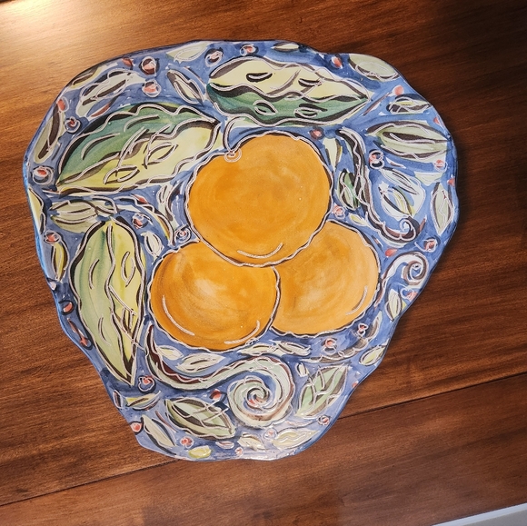 NC Artist Other - Handcrafted Ceramic Art Platter with Orange and Blue Design